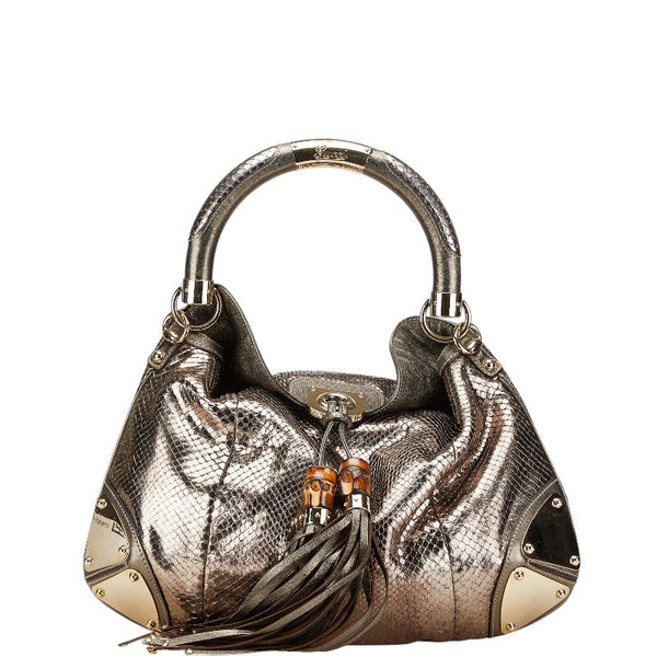 グッチ バンブー インディー リザード型押し ハンドバッグ ワンショルダーバッグ 177139 カーキ ゴールド レザー レディース GUCCI 【中古】