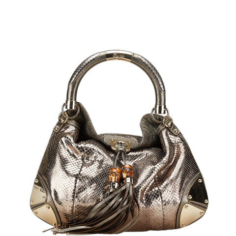 グッチ バンブー インディー リザード型押し ハンドバッグ ワンショルダーバッグ 177139 カーキ ゴールド レザー レディース GUCCI 【中古】