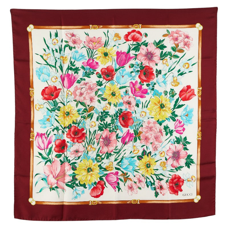 グッチ フローラ スカーフ ワインレッド マルチカラー シルク レディース GUCCI 【中古】