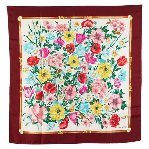グッチ フローラ スカーフ ワインレッド マルチカラー シルク レディース GUCCI 【中古】