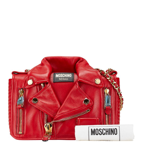 モスキーノ バイカー ジャケット ライダース 斜め掛け チェーン ショルダーバッグ レッド レザー レディース MOSCHINO 【中古】