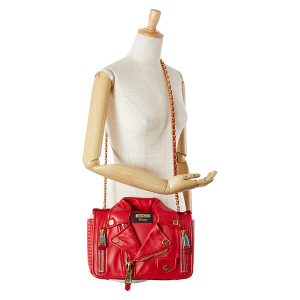モスキーノ バイカー ジャケット ライダース 斜め掛け チェーン ショルダーバッグ レッド レザー レディース MOSCHINO 【中古】