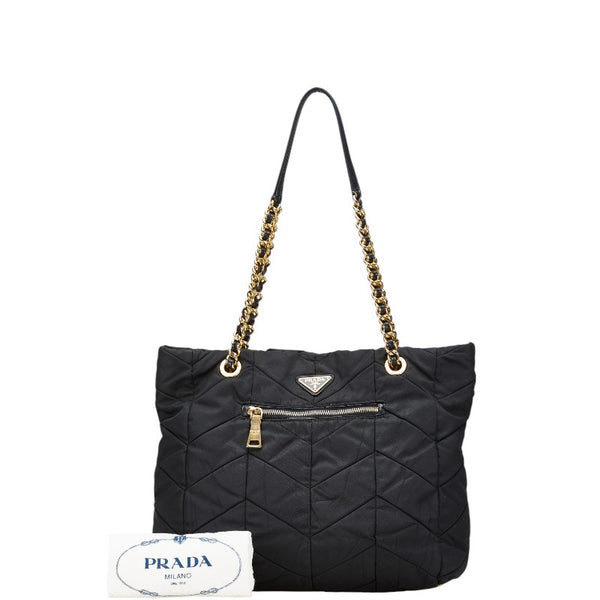 プラダ 三角ロゴプレート キルティング チェーン ショルダーバッグ トートバッグ ブラック ナイロン レザー レディース PRADA 【中古】