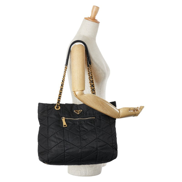 プラダ 三角ロゴプレート キルティング チェーン ショルダーバッグ トートバッグ ブラック ナイロン レザー レディース PRADA 【中古】