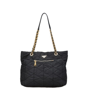 プラダ 三角ロゴプレート キルティング チェーン ショルダーバッグ トートバッグ ブラック ナイロン レザー レディース PRADA 【中古】