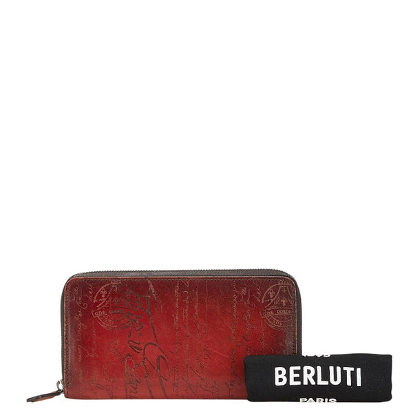ベルルッティ カリグラフィ イタウバ ネオ スクリット ラウンドファスナー 長財布 レッド レザー メンズ Berluti 【中古】