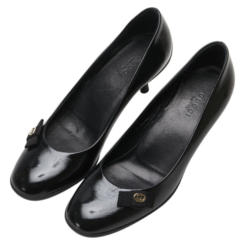 グッチ リボン インターロッキングG パンプス ヒール サイズ:35 317042 ブラック エナメル レディース GUCCI 【中古】