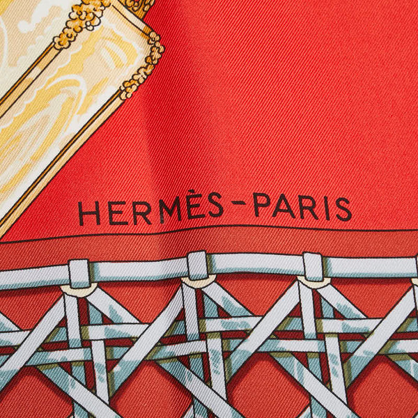 エルメス カレ90 FEUX DE ROUTE 馬車のランタン スカーフ レッド マルチカラー シルク レディース HERMES 【中古】