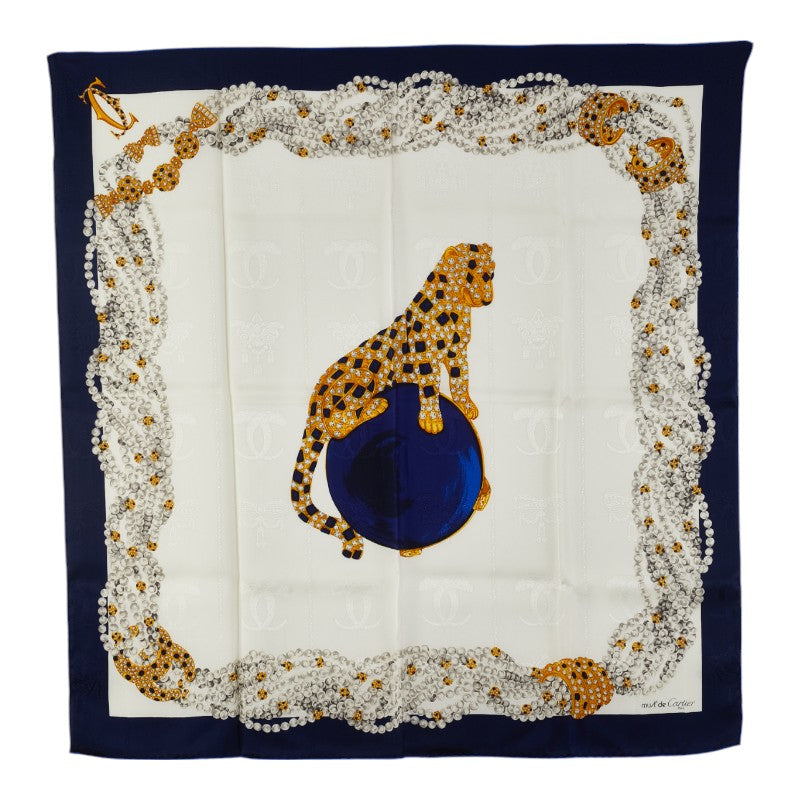 カルティエ マストドゥカルティエ 玉乗り パンテール スカーフ ネイビー ホワイト シルク レディース CARTIER 【中古】