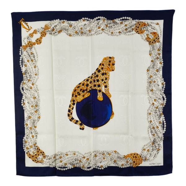 カルティエ マストドゥカルティエ 玉乗り パンテール スカーフ ネイビー ホワイト シルク レディース CARTIER 【中古】