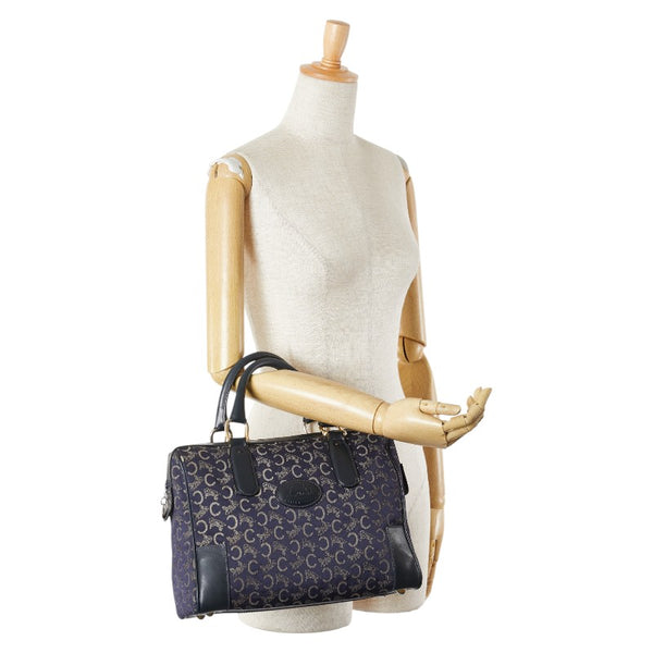 セリーヌ Cサルキー ハンドバッグ ミニボストンバッグ ネイビー ベージュ キャンバス レザー レディース CELINE 【中古】