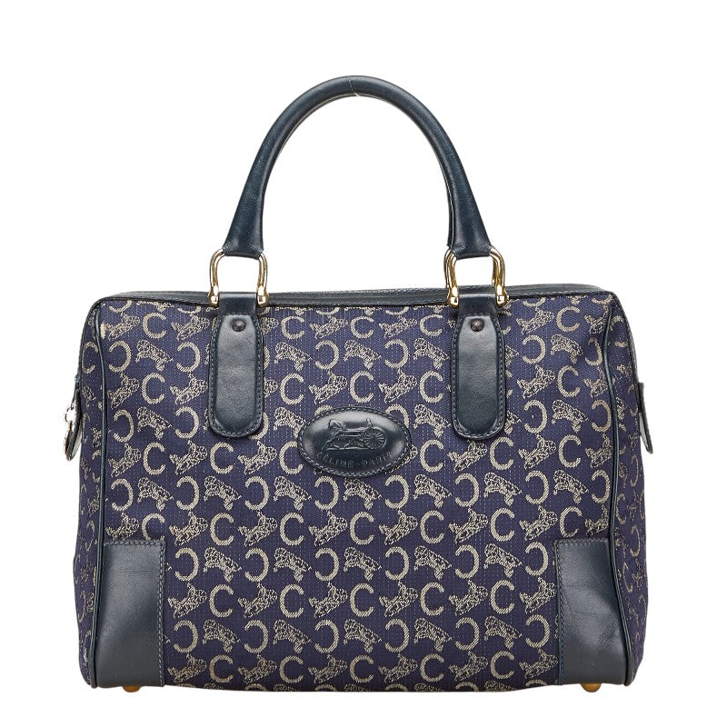 セリーヌ Cサルキー ハンドバッグ ミニボストンバッグ ネイビー ベージュ キャンバス レザー レディース CELINE 【中古】