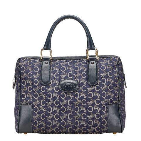 セリーヌ Cサルキー ハンドバッグ ミニボストンバッグ ネイビー ベージュ キャンバス レザー レディース CELINE 【中古】