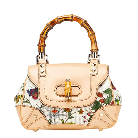 グッチ バンブー 花 蝶 ハンドバッグ 137368 ベージュ マルチカラー キャンバス レザー レディース GUCCI 【中古】
