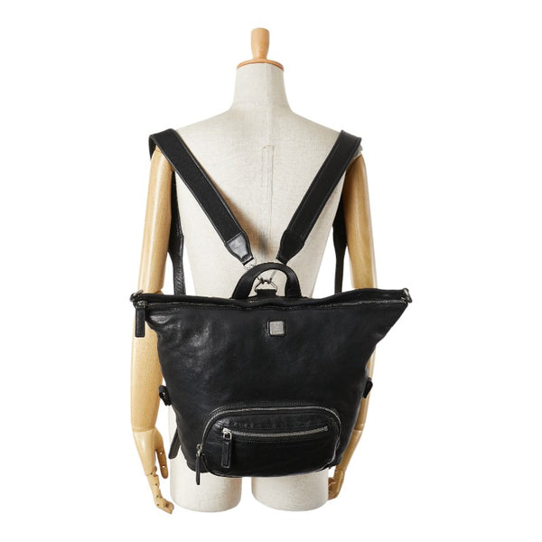 エム シー エム ロゴプレート リュック バックパック ブラック レザー レディース MCM 【中古】