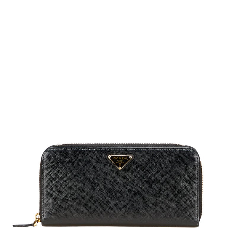 プラダ 三角ロゴプレート ラウンドジップ 長財布 ブラック ゴールド金具 サフィアーノレザー レディース PRADA 【中古】