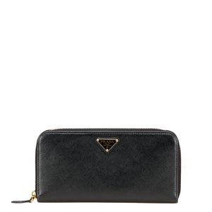 プラダ 三角ロゴプレート ラウンドジップ 長財布 ブラック ゴールド金具 サフィアーノレザー レディース PRADA 【中古】