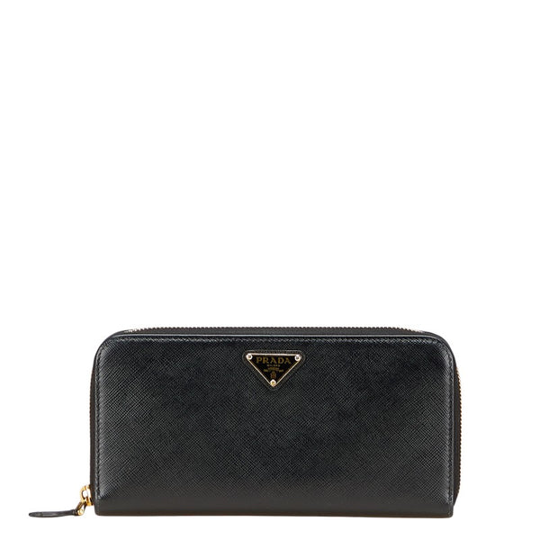 プラダ 三角ロゴプレート ラウンドジップ 長財布 ブラック ゴールド金具 サフィアーノレザー レディース PRADA 【中古】