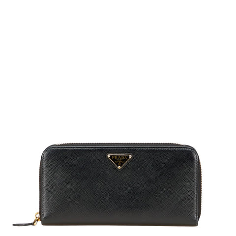 プラダ 三角ロゴプレート ラウンドジップ 長財布 ブラック ゴールド金具 サフィアーノレザー レディース PRADA 【中古】