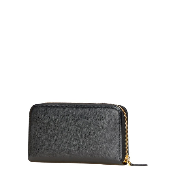 プラダ 三角ロゴプレート ラウンドジップ 長財布 ブラック ゴールド金具 サフィアーノレザー レディース PRADA 【中古】