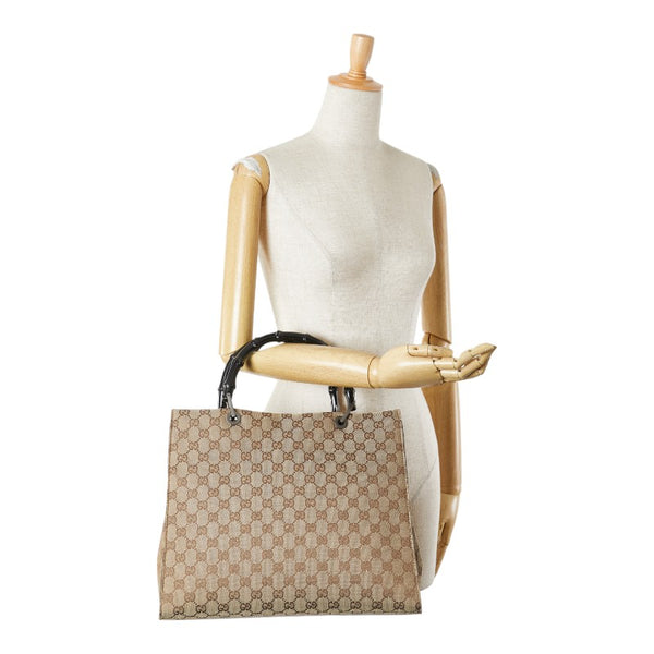 グッチ GGキャンバス バンブー ハンドバッグ 002 1010 ベージュ ブラック キャンバス レザー レディース GUCCI 【中古】