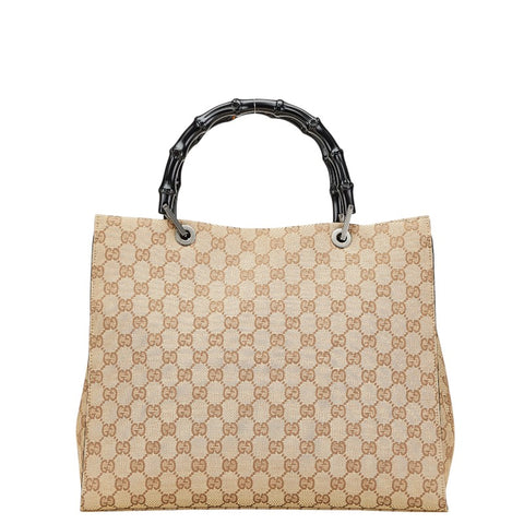 グッチ GGキャンバス バンブー ハンドバッグ 002 1010 ベージュ ブラック キャンバス レザー レディース GUCCI 【中古】