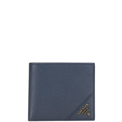 プラダ サフィアーノメタル 二つ折り財布 2MO513 ネイビー レザー レディース PRADA 【中古】