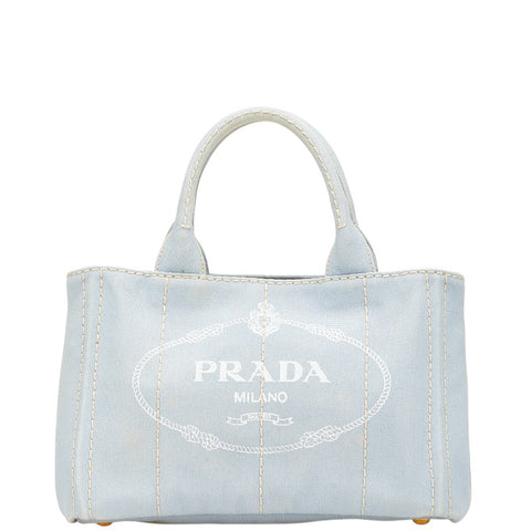プラダ カナパ ミニ 三角ロゴプレート ハンドバッグ トートバッグ ライトブルー キャンバス レディース PRADA 【中古】