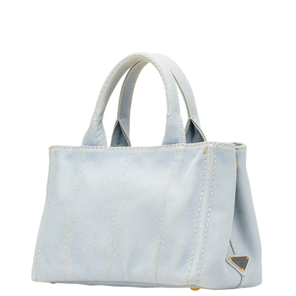 プラダ カナパ ミニ 三角ロゴプレート ハンドバッグ トートバッグ ライトブルー キャンバス レディース PRADA 【中古】