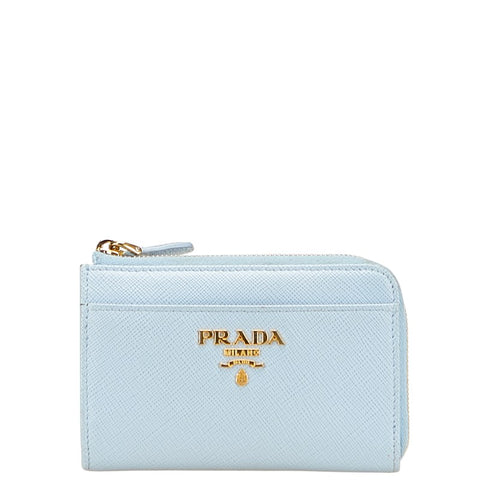 プラダ サフィアーノ L字ファスナー コンパクトウォレット 三つ折り財布 ベビーブルー レザー レディース PRADA 【中古】