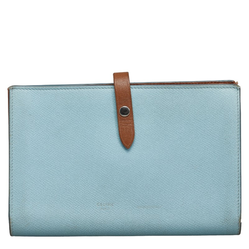 セリーヌ ストラップウォレット ラージ マルチファンクション  二つ折り財布 ライトブルー ブラウン レザー レディース CELINE 【中古】