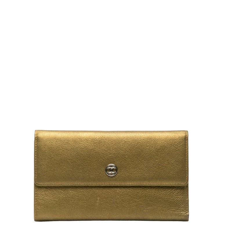 シャネル ココマーク 三つ折り財布 長財布 メタリック カーキ  レザー レディース CHANEL 【中古】