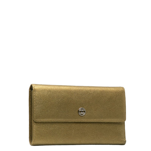 シャネル ココマーク 三つ折り財布 長財布 メタリック カーキ  レザー レディース CHANEL 【中古】