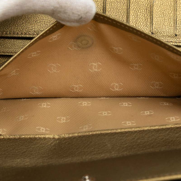 シャネル ココマーク 三つ折り財布 長財布 メタリック カーキ  レザー レディース CHANEL 【中古】