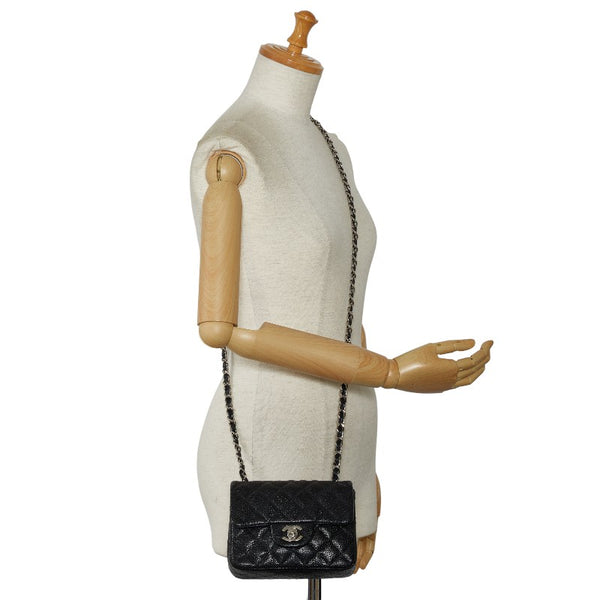 シャネル ミニ マトラッセ チェーン ショルダーバッグ ブラック シルバー キャビアスキン レディース CHANEL 【中古】