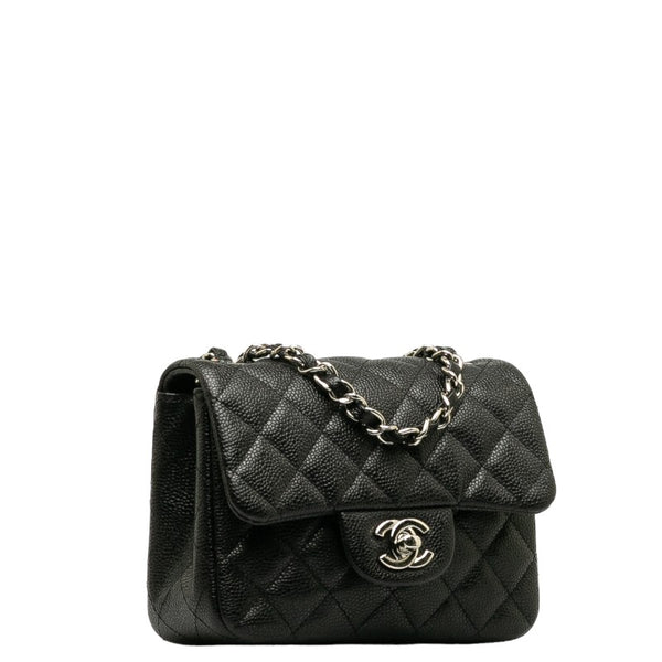 シャネル ミニ マトラッセ チェーン ショルダーバッグ ブラック シルバー キャビアスキン レディース CHANEL 【中古】