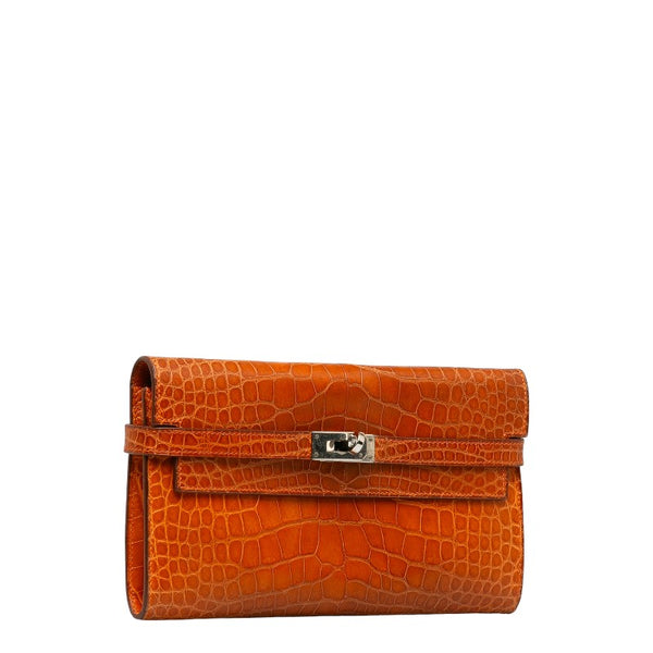 エルメス ケリーウォレット ロングディプライアント 長財布 オレンジ アリゲーター レディース HERMES 【中古】