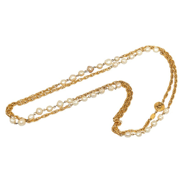 シャネル ヴィンテージ フェイクパール ロング チェーン ネックレス ゴールド ホワイト メッキ パール レディース CHANEL 【中古】