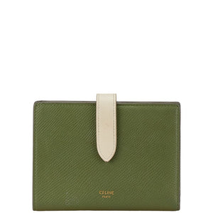 セリーヌ ミディアム ストラップウォレット 二つ折り財布 グリーン ホワイト レザー レディース CELINE 【中古】