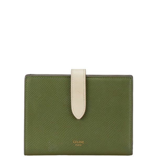 セリーヌ ミディアム ストラップウォレット 二つ折り財布 グリーン ホワイト レザー レディース CELINE 【中古】