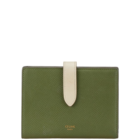 セリーヌ ミディアム ストラップウォレット 二つ折り財布 グリーン ホワイト レザー レディース CELINE 【中古】