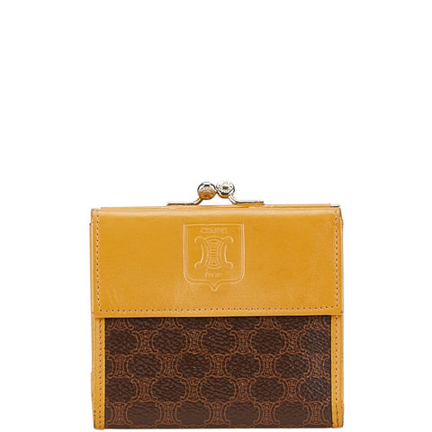 セリーヌ マカダム 二つ折り財布 イエロー ブラウン PVC レザー レディース CELINE 【中古】