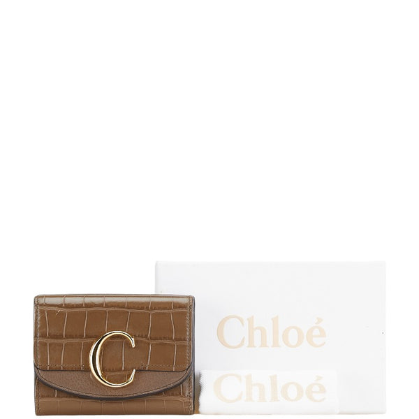 クロエ クロコ型押し 三つ折り財布 ブラウン レザー レディース Chloe 【中古】