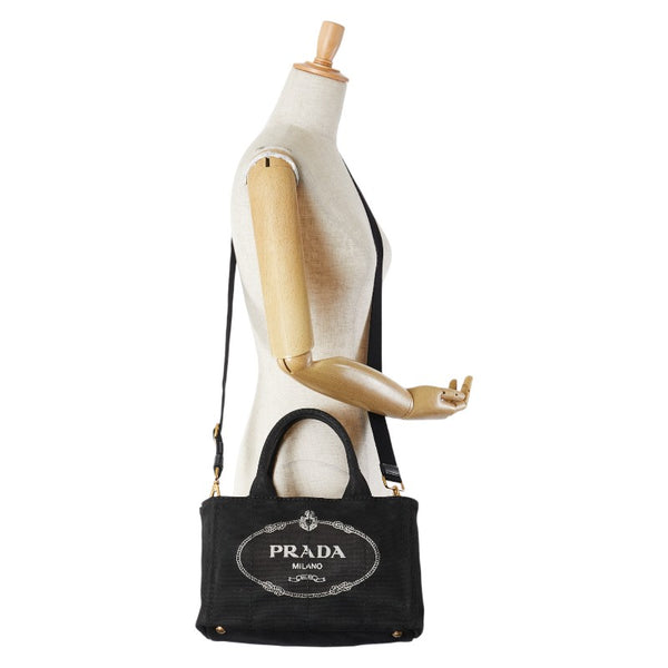 プラダ カナパ 三角ロゴプレート ハンドバッグ ショルダーバッグ 2WAY ブラック キャンバス レディース PRADA 【中古】