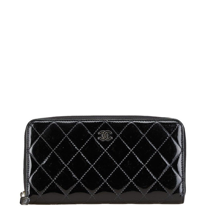 シャネル ブリリアント マトラッセ ココマーク ラウンドファスナー 長財布 ブラック エナメル レディース CHANEL 【中古】