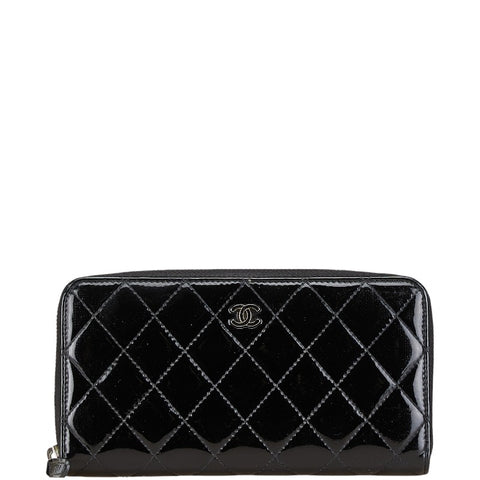 シャネル ブリリアント マトラッセ ココマーク ラウンドファスナー 長財布 ブラック エナメル レディース CHANEL 【中古】