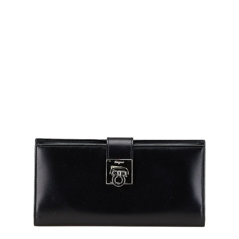 サルヴァトーレフェラガモ ガンチーニ 長財布 ブラック カーフ レディース Salvatore Ferragamo 【中古】