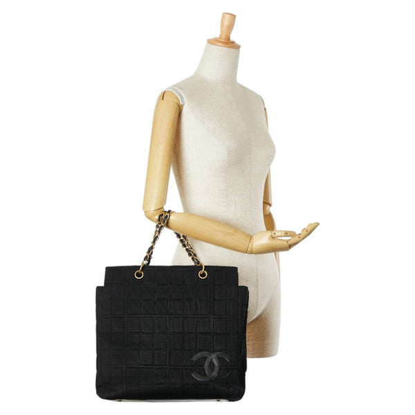 シャネル ココマーク チョコバー チェーン トートバッグ ブラック キャンバス レザー レディース CHANEL 【中古】