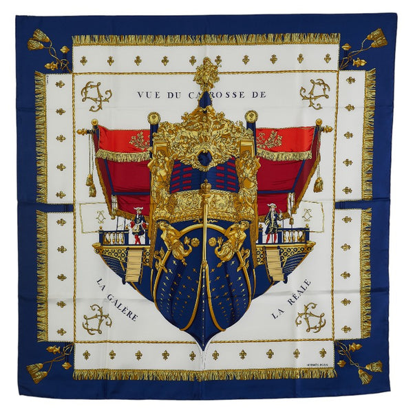 エルメス カレ90 VUE DU CAROSSE DE LA GALERE LA REALE クイーンの戴冠式 スカーフ ブルー マルチカラー シルク レディース HERMES 【中古】