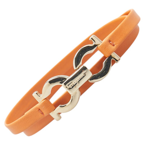 サルヴァトーレフェラガモ ガンチーニ ブレスレット 2連 オレンジ ゴールド レザー メッキ レディース Salvatore Ferragamo 【中古】